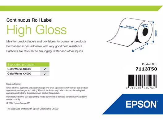 [7113750] Epson High Gloss Label, Continuous Roll, 102mm x 33m