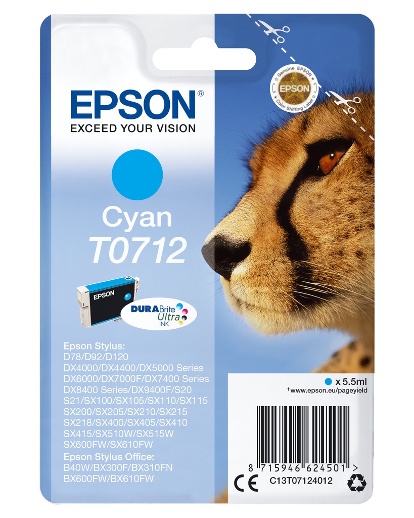 [C13T07124022] Epson Cheetah Singlepack Cyan T0712 DURABrite Ultra Ink