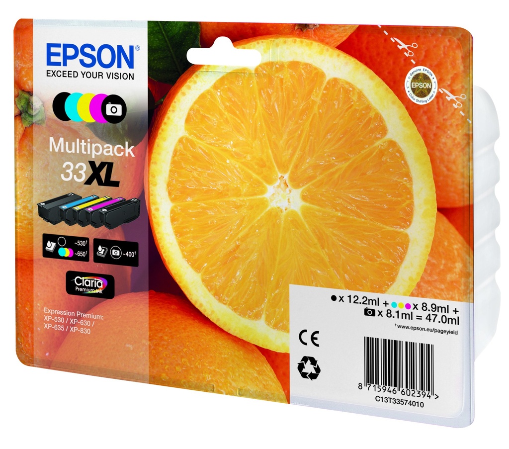 [C13T33574011] ORIGINAL Epson Multipack nero / ciano / magenta / giallo / Nero (Foto) C13T33574011 33 XL ~2880 Seiten 5 Cartucce d'inchiostro: T3351 + T3361 + T3362 + T3363 + T3364