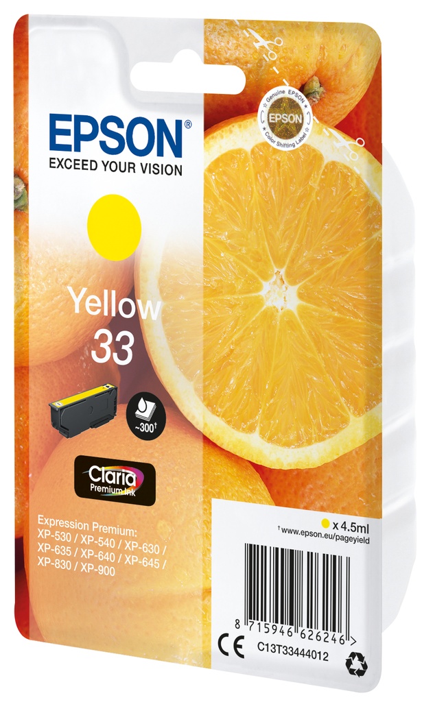 [C13T33444022] Epson Oranges Singlepack Yellow 33 Claria Premium Ink