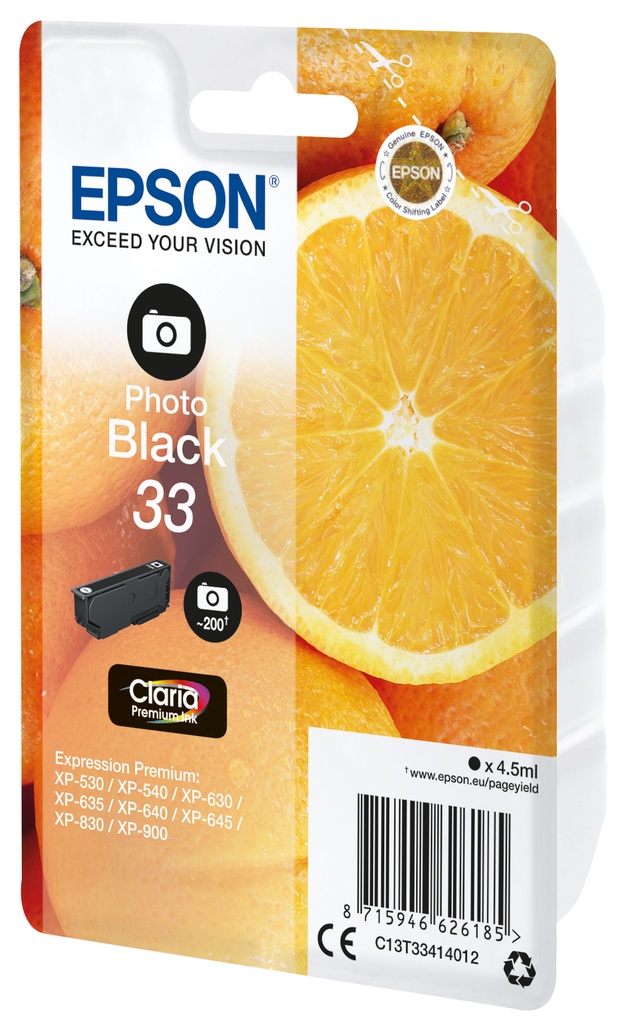 [C13T33414022] Epson Oranges Singlepack Photo Black 33 Claria Premium Ink
