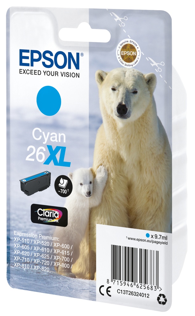 [C13T26324022] Epson Polar bear Singlepack Cyan 26XL Claria Premium Ink