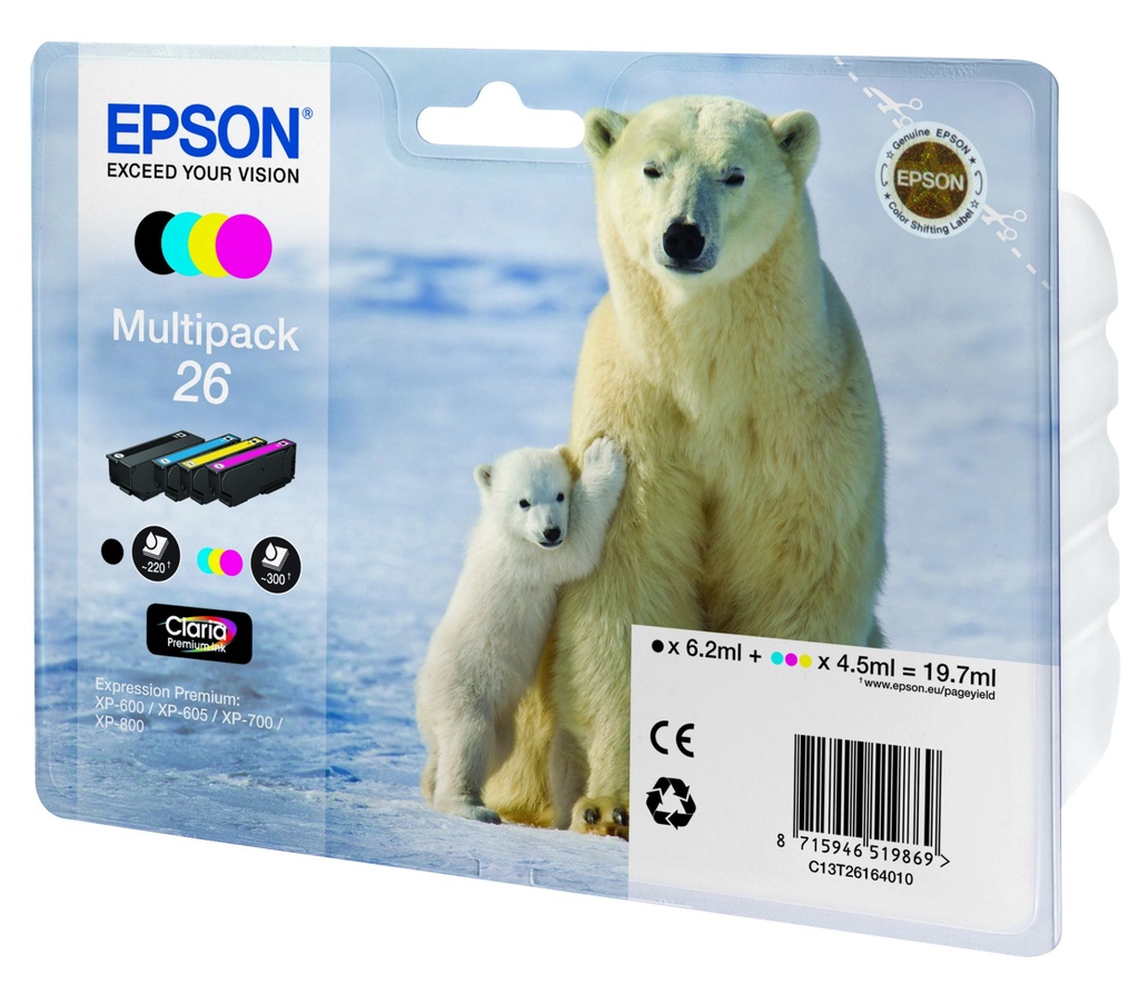 [C13T26164020] Epson Polar bear Multipack 4-colours 26 Claria Premium Ink