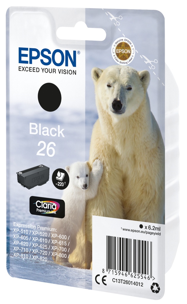 [C13T26014022] Epson Polar bear Singlepack Black 26 Claria Premium Ink