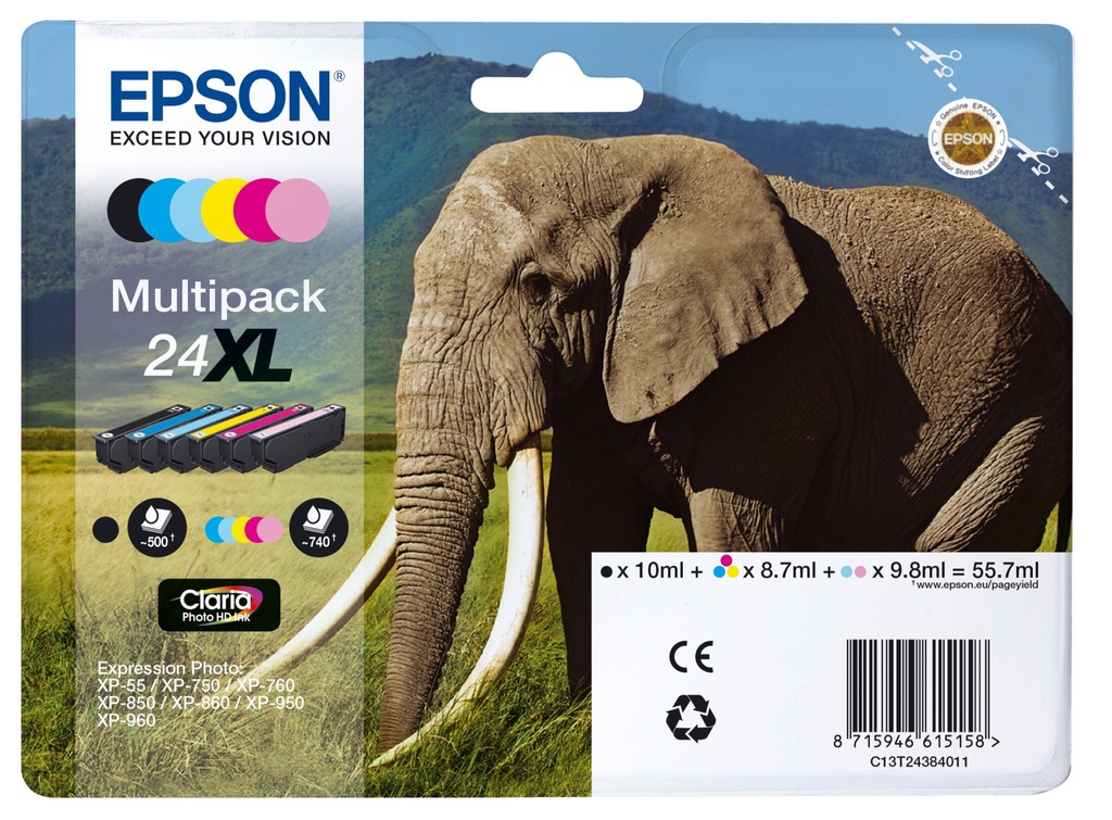 ORIGINAL Epson Multipack nero / ciano / magenta / giallo / ciano (chiaro) / magenta (chiaro) C13T24384011 24 XL ~4200 Seiten 6 cartucce d'inchiostro: T2431-T2436