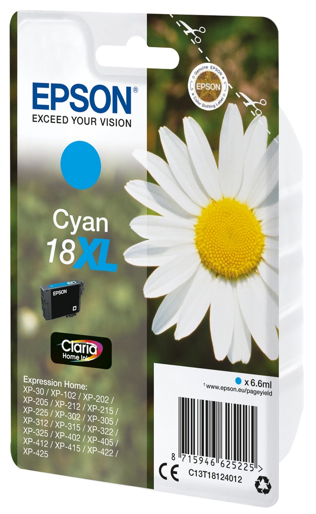 [C13T18124022] Epson Daisy Singlepack Cyan 18XL Claria Home Ink