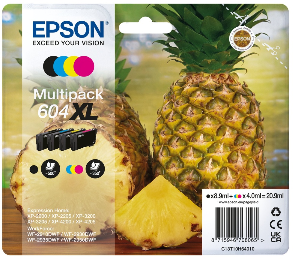 [C13T10H64010] ORIGINAL Epson Multipack nero / ciano / magenta / giallo C13T10H64010 604 XL ~1550 Seiten 4ml