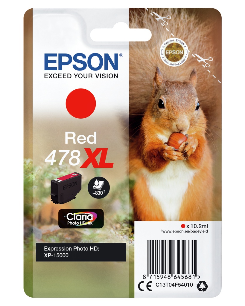 [C13T04F54010] ORIGINAL Epson Cartuccia d'inchiostro Rosso C13T04F54010 478XL ~830 Seiten 10,2ml