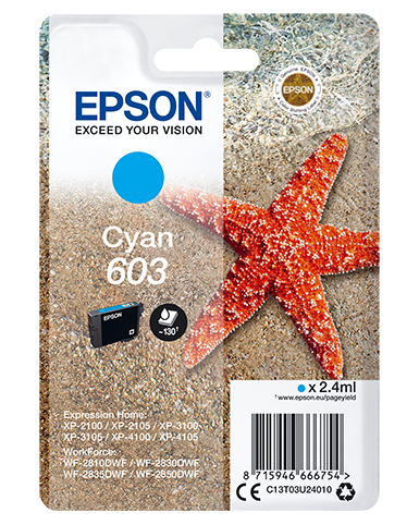 [C13T03U24010] ORIGINAL Epson Cartuccia d'inchiostro ciano C13T03U24010 603 ~130 Seiten