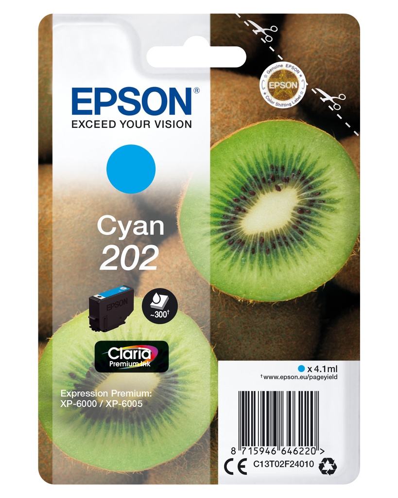 [C13T02F24020] Epson Kiwi Singlepack Cyan 202 Claria Premium Ink
