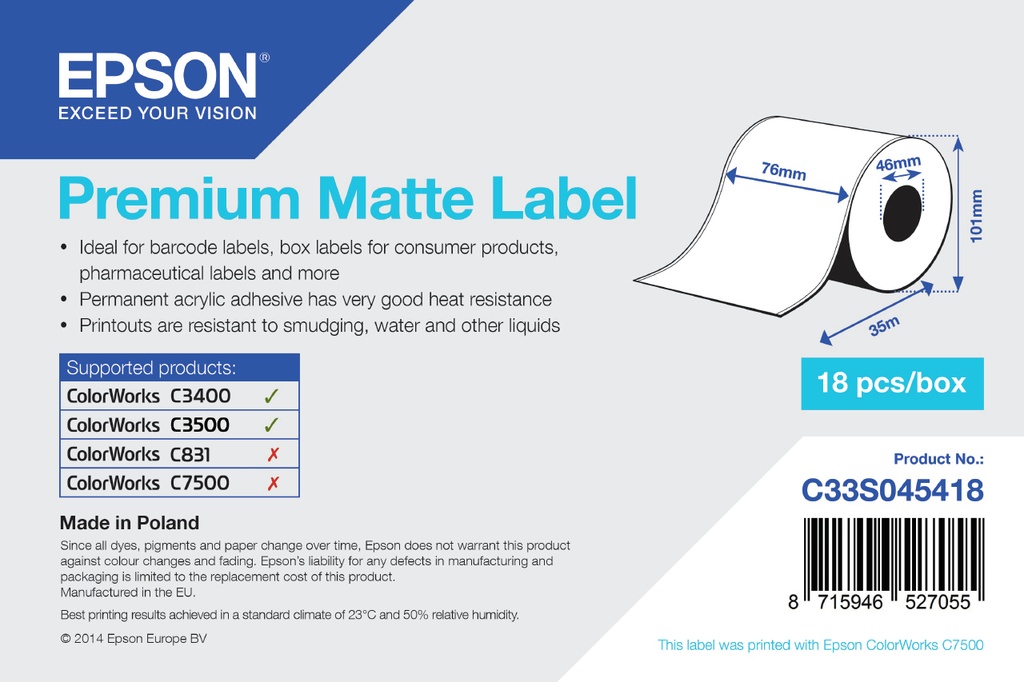 [C33S045418] ORIGINAL Epson Etichette Bianco C33S045418 S045418 carta normale, opaco politenato, 76mm x 35m, VE=1