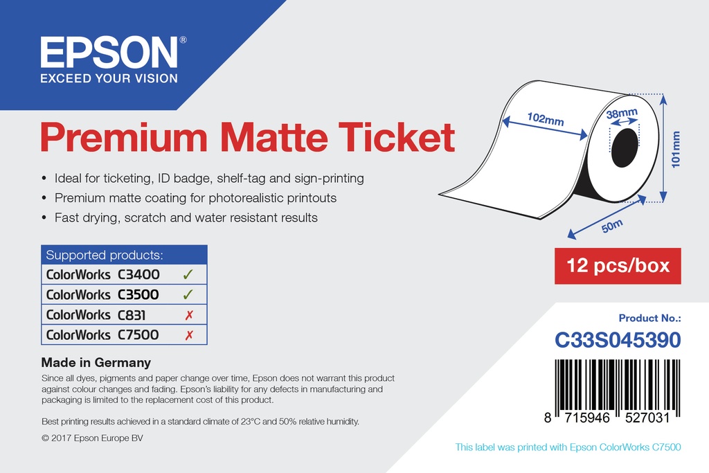 [C33S045390] Epson Premium Matte Ticket - Roll: 102mm x 50m