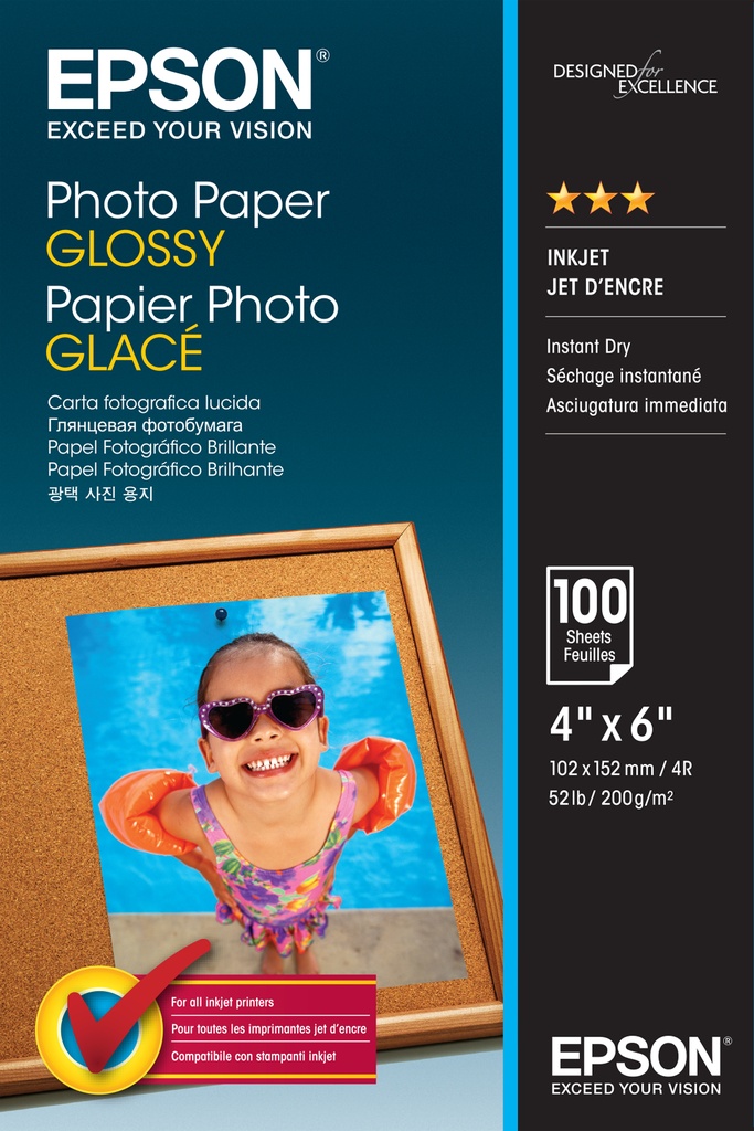 [C13S042548] ORIGINAL Epson Carta Bianco C13S042548 Photo Paper Glossy Carta da Foto, 10 x 15 cm, 200g/m², 100 Fogli, patinata