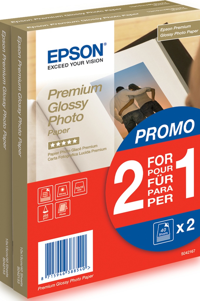ORIGINAL Epson Carta Bianco C13S042167 Premium Glossy 80 Blatt carta fotografica, 10 x 15 cm, 255 gr/m², 80 pagine, premium, glossy