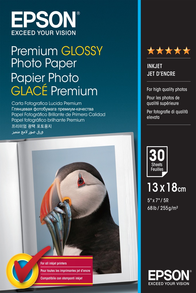 [C13S042154] ORIGINAL Epson Carta Bianco C13S042154 Premium Glossy 30 Blatt carta fotografica, 13 x 18 cm, 255 gr/m², 30 pagine, premium, glossy