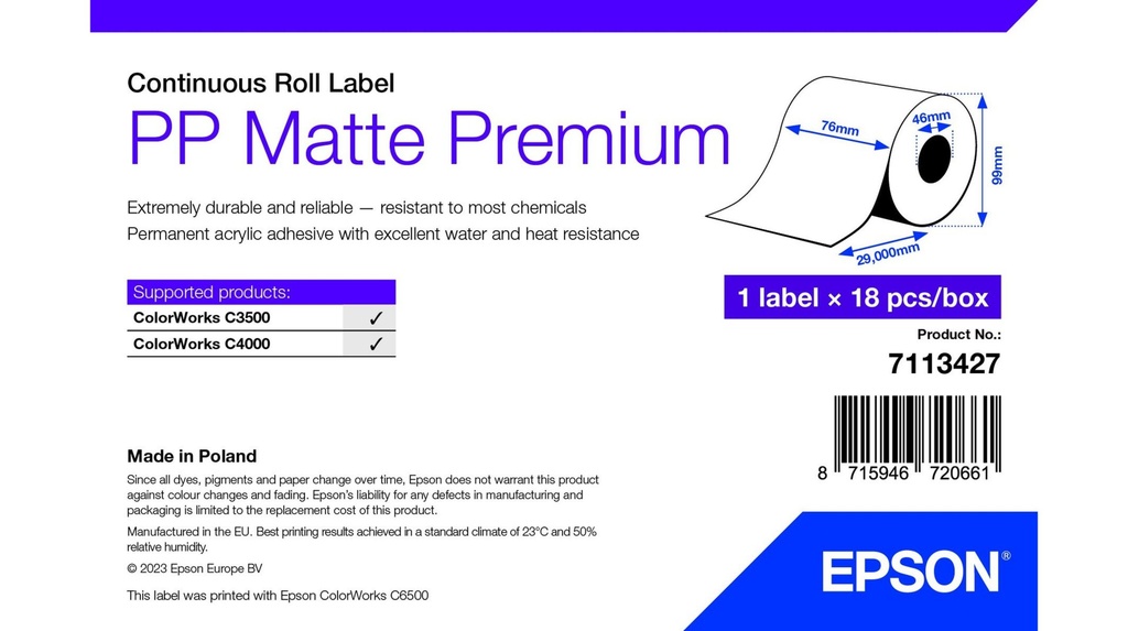 [7113427] Epson PP Matte Label Premium, Continuous Roll, 76mm x 29m