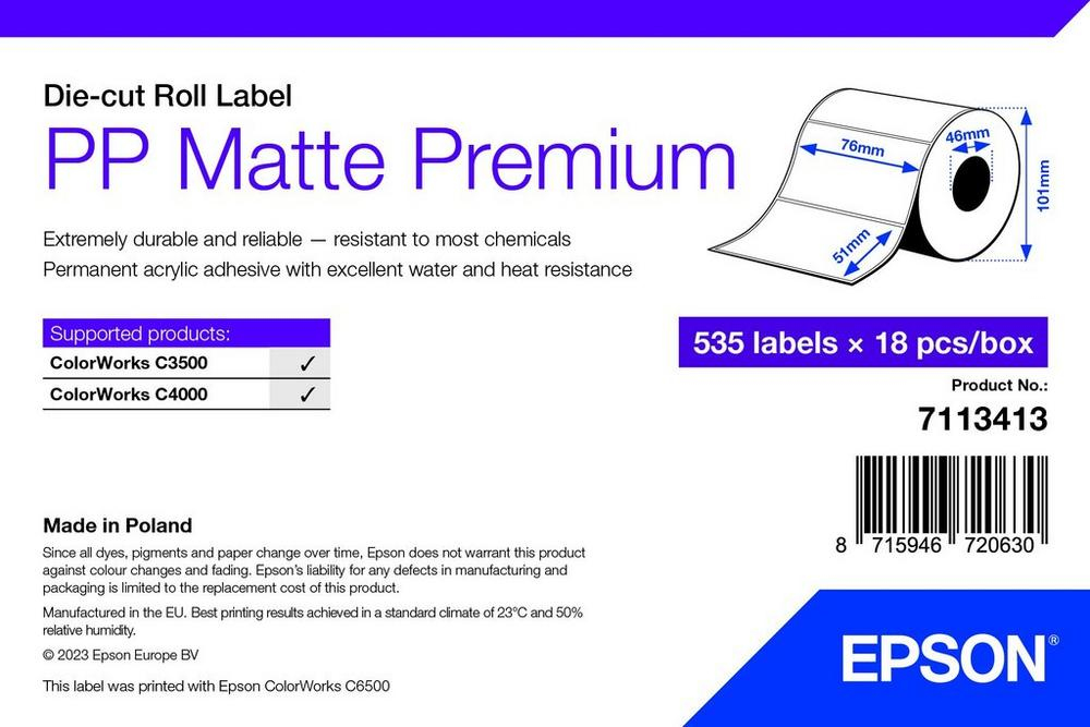 [7113413] Epson PP Matte Label Premium, Die-cut Roll, 76mm x 51mm, 535 Labels