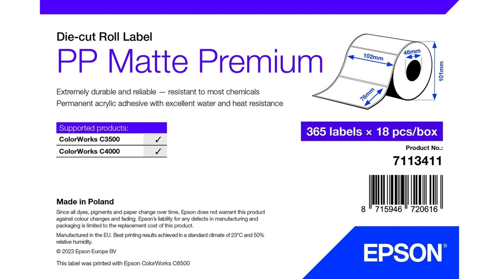 [7113411] Epson PP Matte Label Premium, Die-cut Roll, 102mm x 76mm, 365 Labels