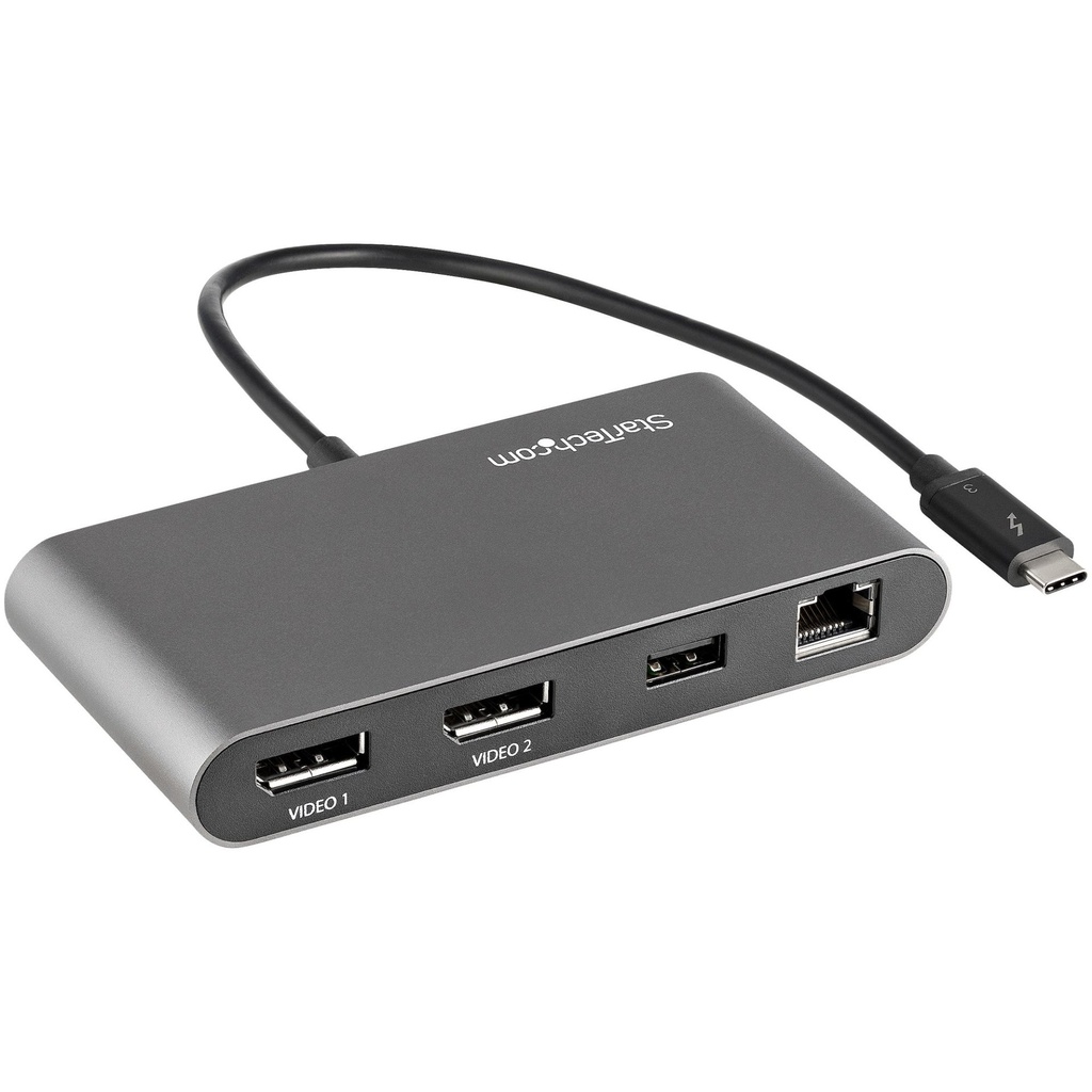 [TB3DKM2DPL] StarTech.com Dual-Monitor Thunderbolt Mini Dock, 4K 60Hz DisplayPort, Driverless Hub for Windows & Mac, Gigabit Ethernet, 1x USB-A (USB 5Gbps), 11in (28cm) Cable