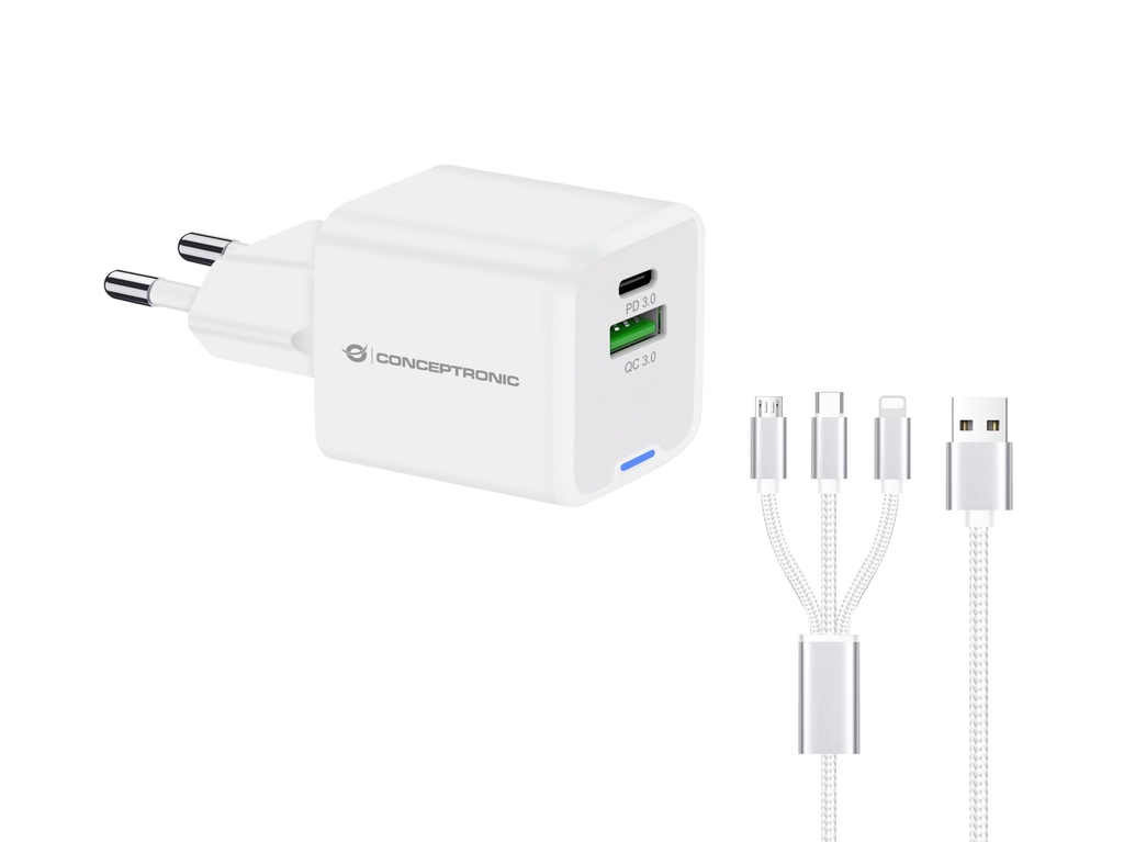 [ALTHEA16W] Conceptronic 2-Port 33W GaN USB PD Charger with 3-in-1 Charging Cable, USB-C x 1, USB-A x 1, QC 3.0, PPS