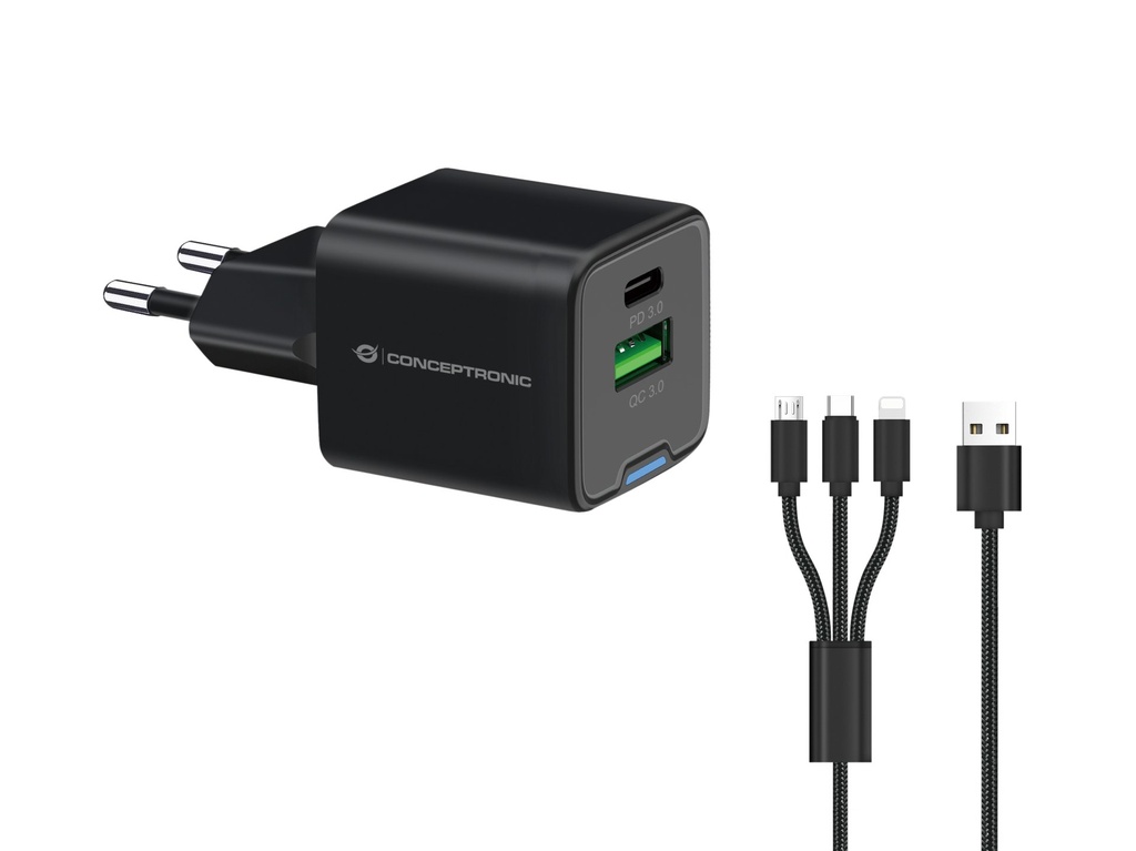 [ALTHEA16B] Conceptronic 2-Port 33W GaN USB PD Charger with 3-in-1 Charging Cable, USB-C x 1, USB-A x 1, QC 3.0, PPS
