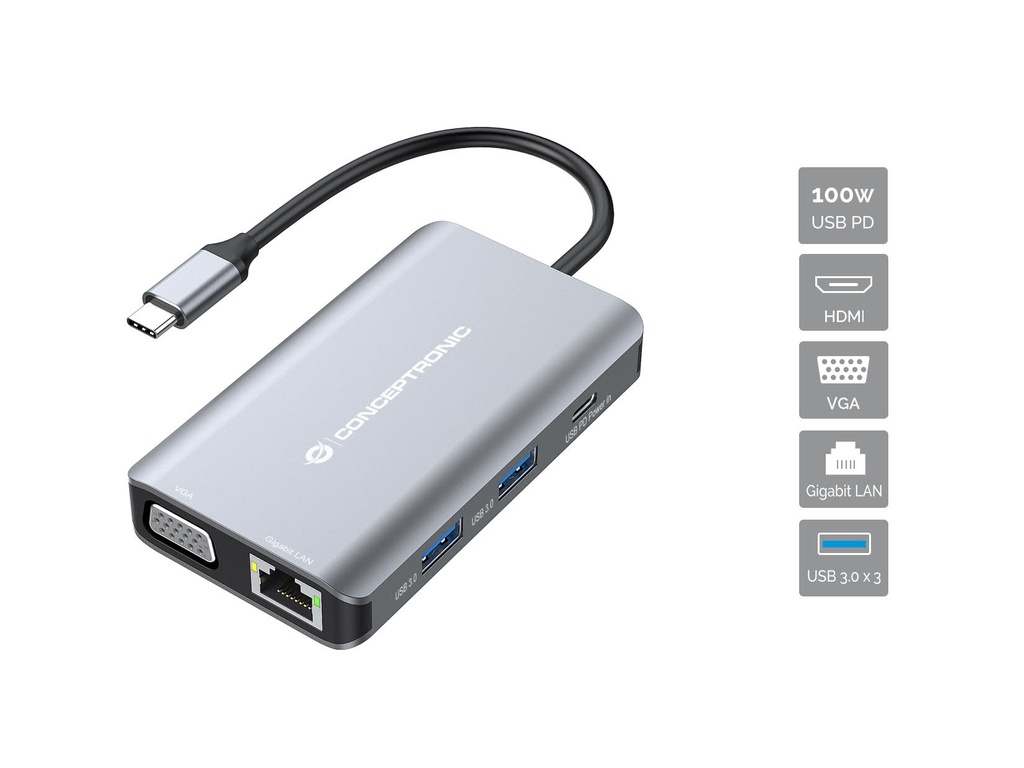 [DONN21G] Conceptronic DONN21G replicatore di porte e docking station per laptop Cablato USB 3.2 Gen 1 (3.1 Gen 1) Type-C Grigio