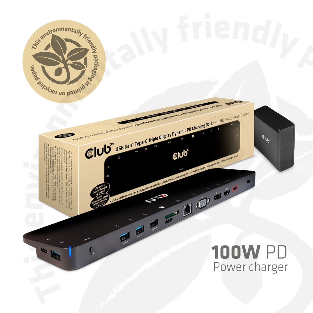 [CSV-1564W100] CLUB3D USB Type C 3.2 Gen1 Triple Display Dynamic PD Charging Dock 100W PD Power charger