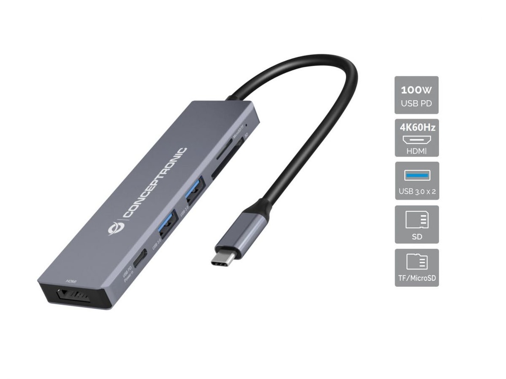 [DONN23G] Conceptronic DONN23G 6-in-1 USB 3.2 Gen 1 Docking Station, USB 3.0 x 2, 100W USB PD, 4K 60Hz HDMI, SD, TF/MicroSD