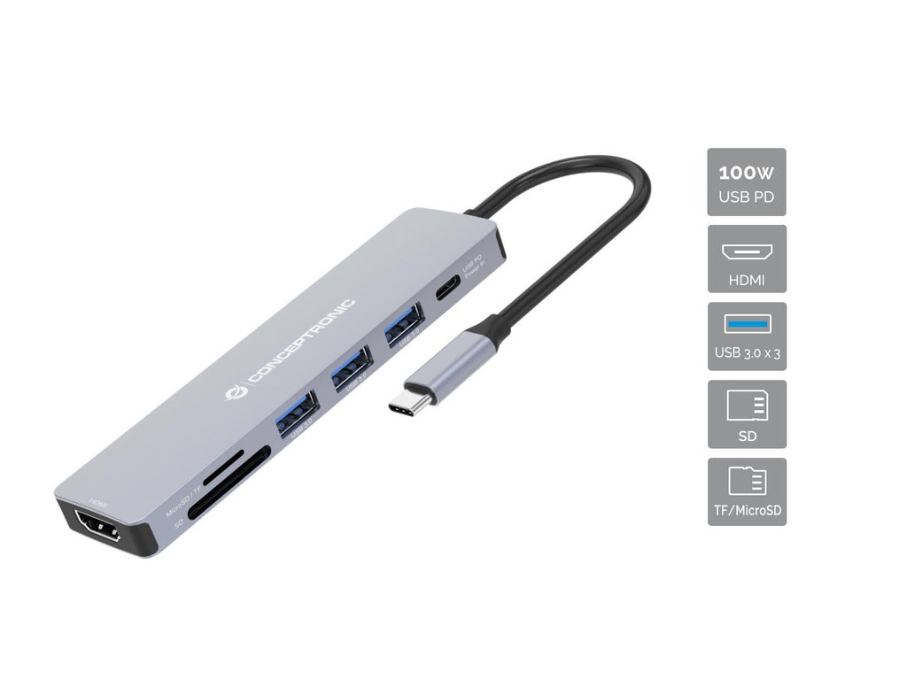 [DONN19G] Conceptronic DONN19G 7-in-1 USB 3.2 Gen 1 Docking Station, HDMI, USB-A 3.0 x 3, SD, TF/MicroSD, 100W USB PD