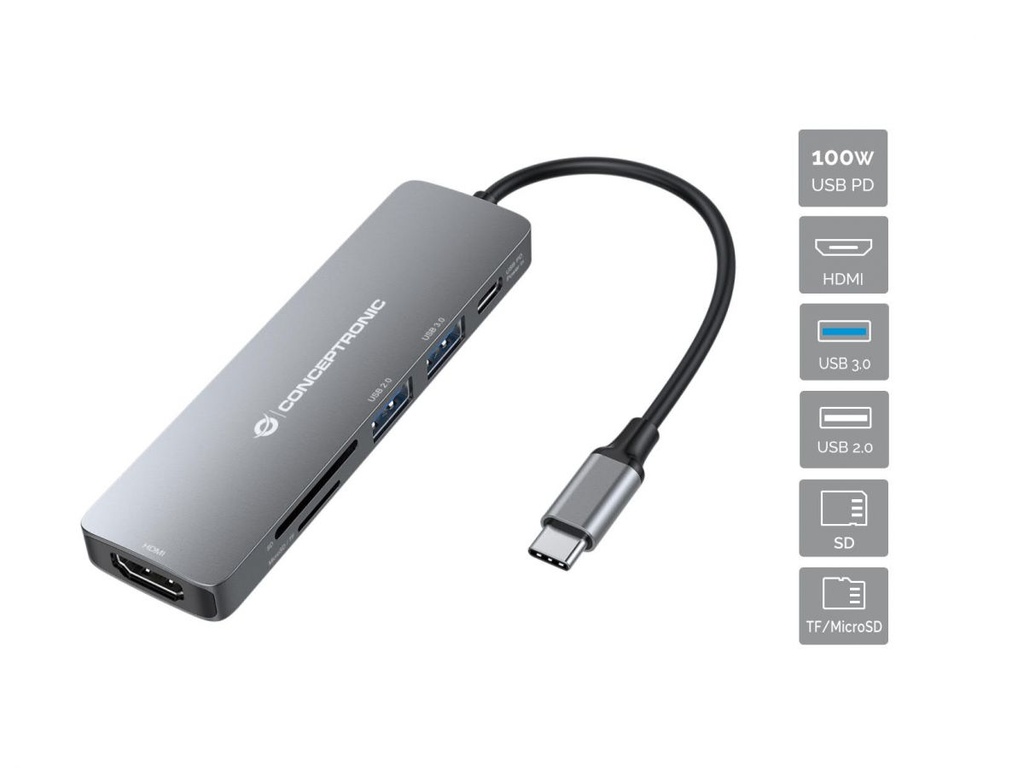 [DONN11G] Conceptronic DONN11G 6-in-1 USB 3.2 Gen 1 Docking Station, HDMI, 100W USB PD, USB 3.0, USB 2.0, SD, TF/MicroSD