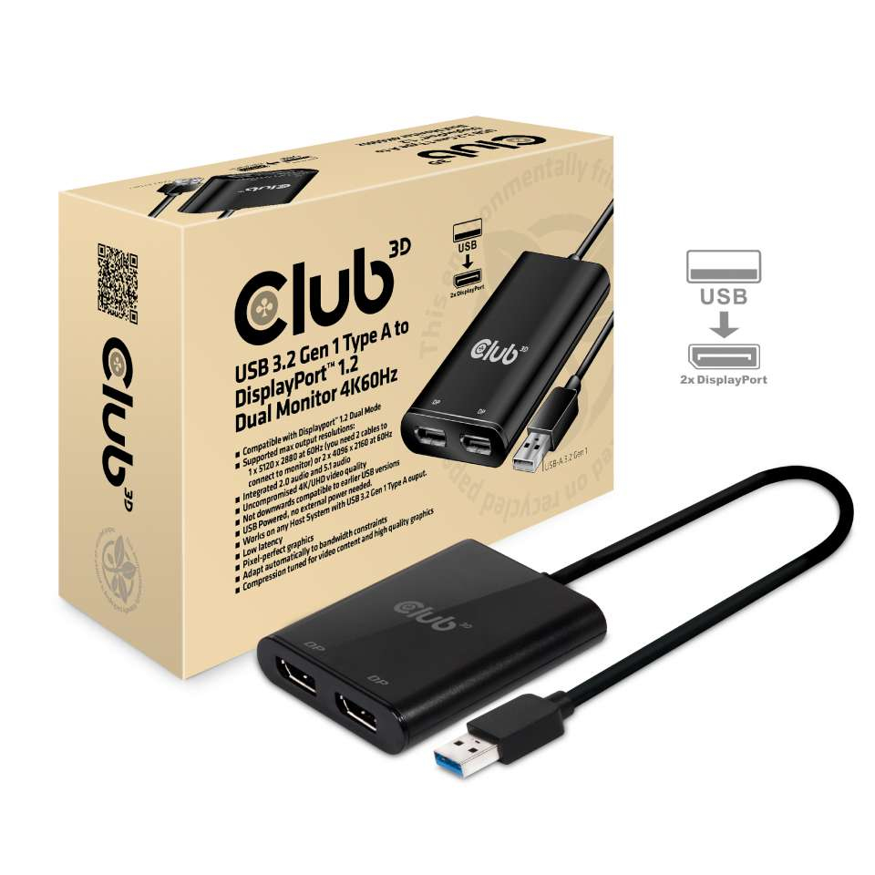[CSV-1477] CLUB3D USB3.2 Gen1 Type A to 2x DisplayPort™1.2 Dual Monitor 4K60Hz DisplayLink Video Splitter