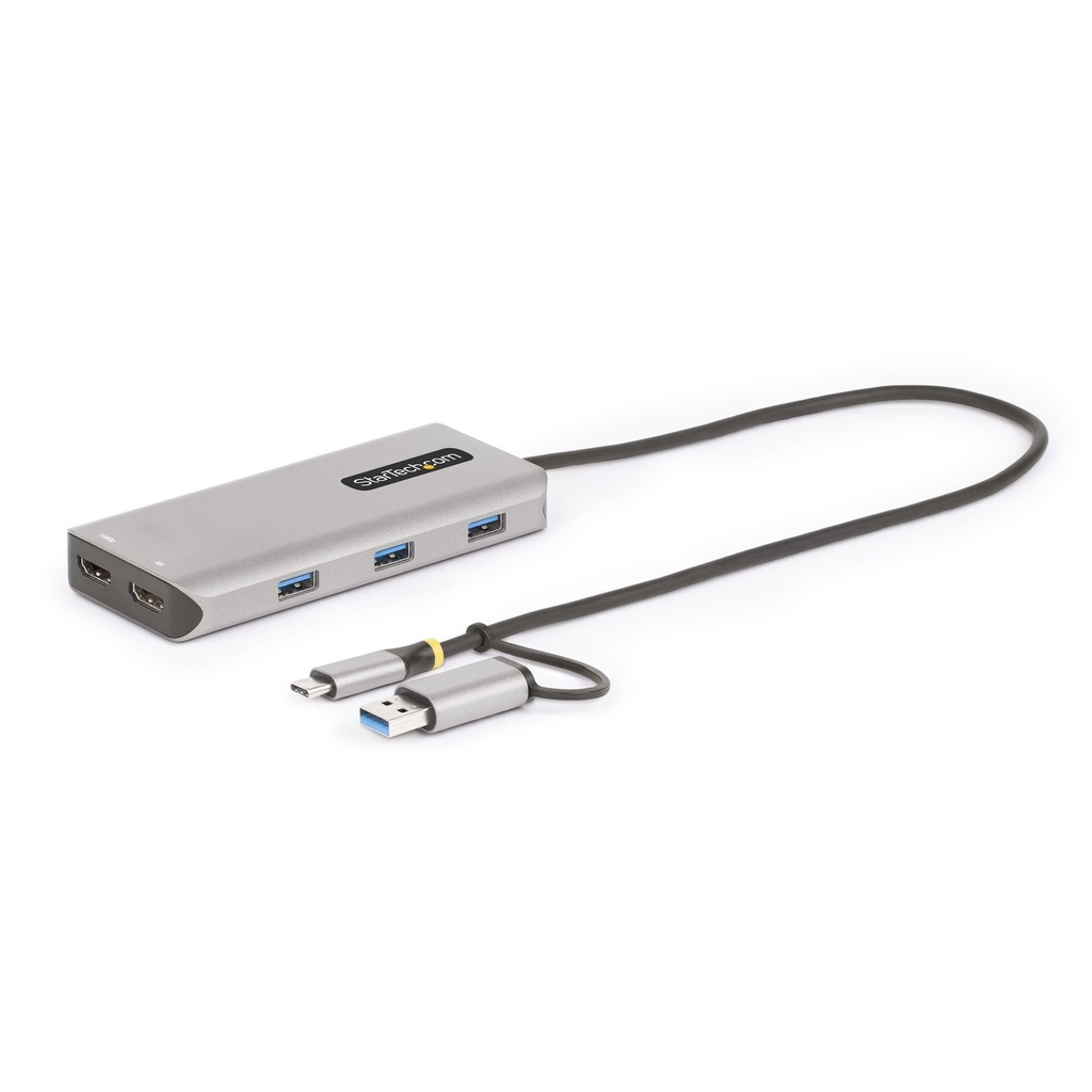 [167B-USBC-MULTIPORT] StarTech.com USB-C Multiport Adapter w/Attached USB-C to USB-A Dongle, Dual HDMI (4K30Hz/1080p60Hz), 3x USB-A 5Gbps, Mini Travel Dock, Laptop Docking Station, 1.3ft/40cm Cable