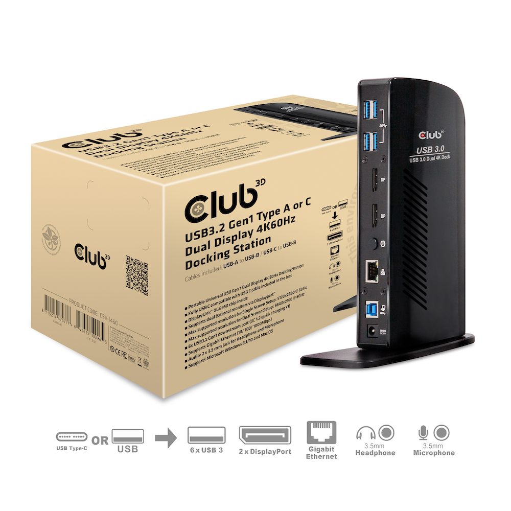 [CSV-1460] CLUB3D USB3.2 Gen1 Type A or C Dual Display 4K60Hz Docking Station DisplayLink® Certified