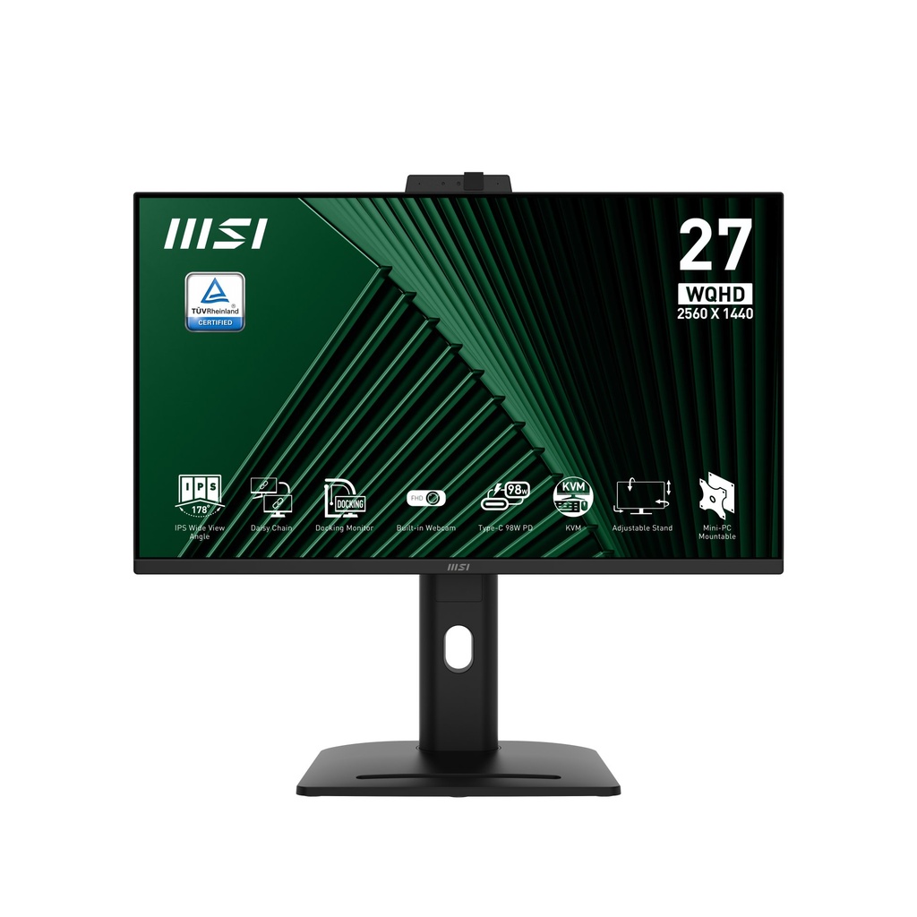 [9S6-3PC8CM-001] MSI Pro MP275QPDG 27 Inch Monitor, QHD (2560 x 1440), 100Hz, IPS, 1ms, 2x HDMI 2.0b, 1x DP 1.2a input, 1x DP 1.2a output, 1x Type-C (DP alt.) w/ 98W PD, 1x LAN, 4xUSB 5Gbps Type-A, 1x USB 5Gbps Type-B, Built-in Speakers, Webcam, Daisy Chain, HDR Ready, Anti-Glare, Anti-Flicker, Less Blue light, TÜV Certified, VESA, Kensington, 4-Way adjustable stand, Black