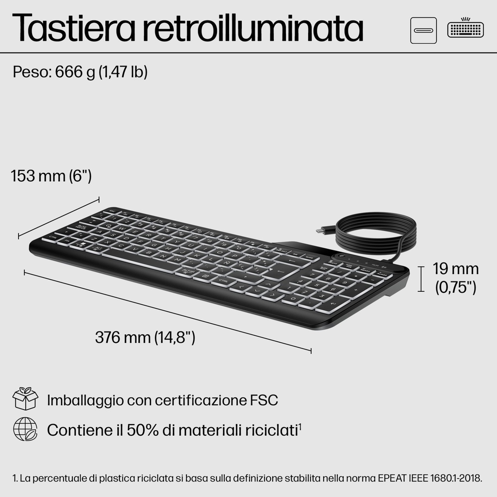 HP 405 Multi-Device Backlit Wired Keyboard