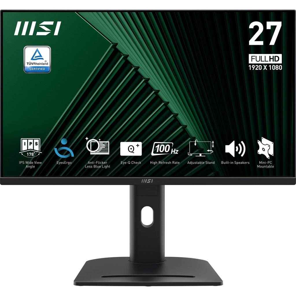 [9S6-3PC39M-053] MSI PRO MP275PG 27 Inch Monitor, FHD (1920 x 1080), 100Hz, IPS, 1ms, 1x HDMI 1.4b, 1x DP 1.2a output, 1x D-Sub(VGA), Built-in Speakers, Anti-Glare, Anti-Flicker, Less Blue light, TÜV Certified, VESA, Kensington, 4-way adjustable stand, Black