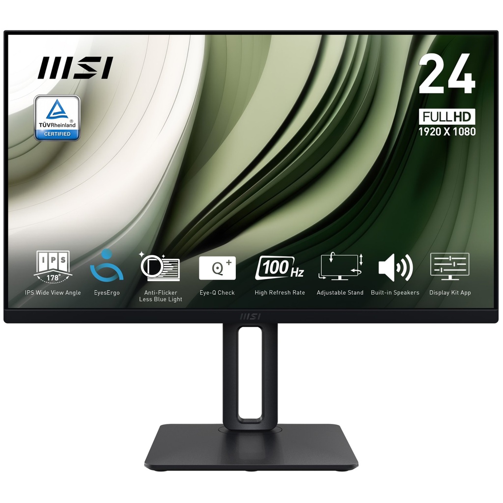 [9S6-3PC19M-003] MSI Pro MP245PG 24 Inch Monitor, FHD (1920 x 1080), 100Hz, IPS, 1ms, 1x HDMI 1.4b, 1x DP 1.2a output, 1x D-Sub(VGA), Built-in Speakers, Anti-Glare, Anti-Flicker, Less Blue light, TÜV Certified, VESA, Kensington, 4-way adjustable stand, Black