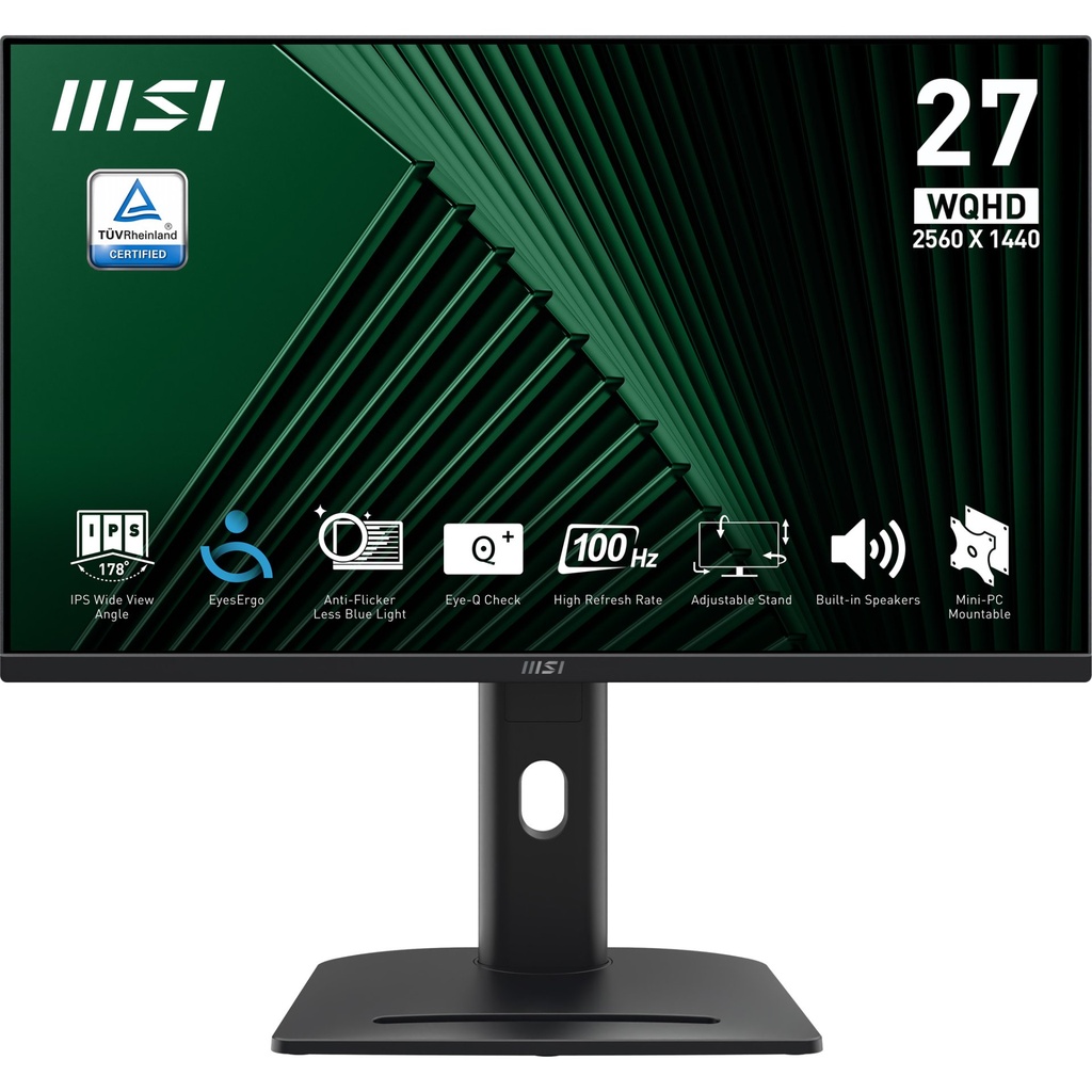 [9S6-3PC39M-063] MSI Pro MP275QPG 27 Inch Monitor, QHD (2560 x 1440), 100Hz, IPS, 1ms, 2x HDMI 2.0b, 1x DP 1.2a output, Built-in Speakers, Anti-Glare, Anti-Flicker, Less Blue light, TÜV Certified, VESA, Kensington, 4-way adjustable stand, Black
