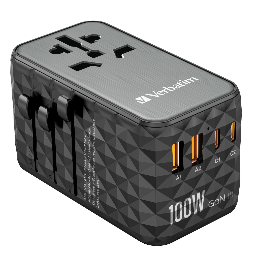 [32121] Verbatim UTA-06 100W GaN III Universal Travel Adapter with 2 x USB-C PD & QC 4+ & 2 x USB-A QC 3.0 ports