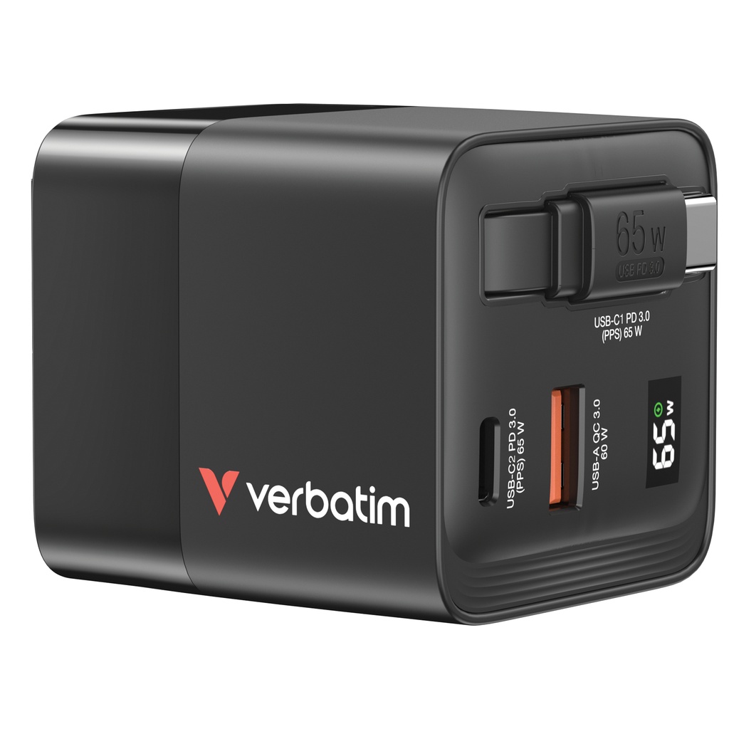Verbatim GaN Charger 65W 2 Port retractable cable display US plugs with EU and UK adaptors