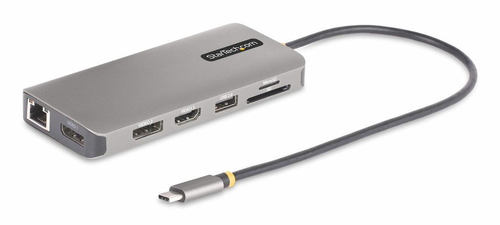 [154B-USBC-MULTIPORT] StarTech.com USB-C Triple-Monitor Multiport Adapter, Dual 4K 60Hz + 4K 30Hz HDMI & DisplayPort, 4-Port USB Hub, 100W PD Pass-Through, GbE, SD/MicroSD Card Readers