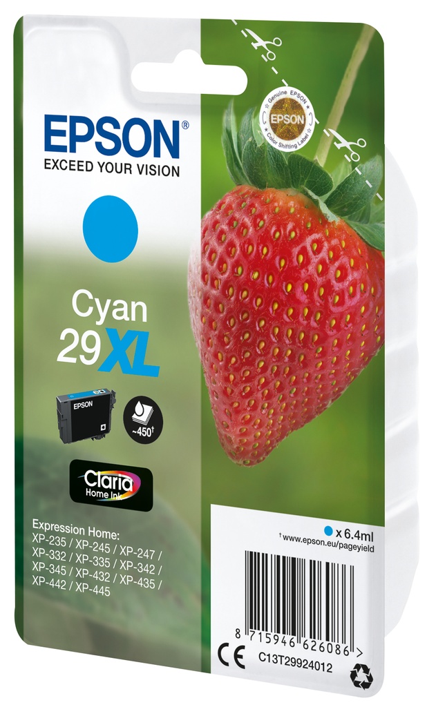 [C13T29924012] Epson Strawberry Singlepack Cyan 29XL Claria Home Ink