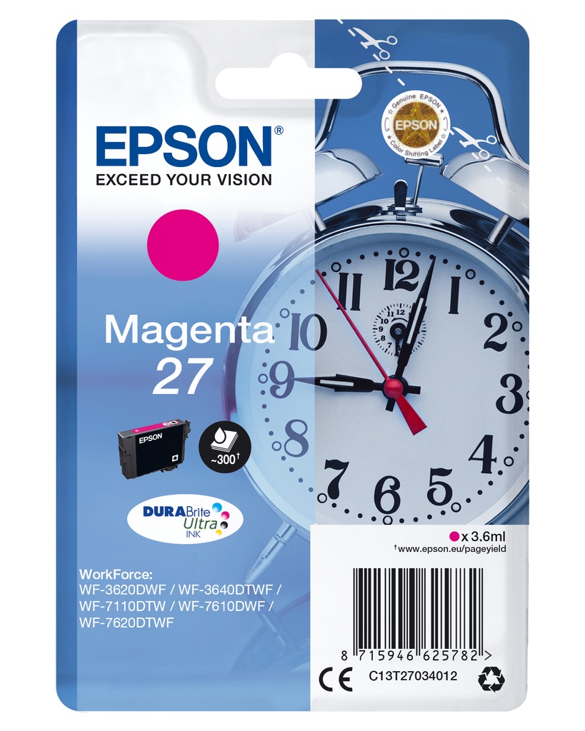 [C13T27034012] Epson Alarm clock Singlepack Magenta 27 DURABrite Ultra Ink