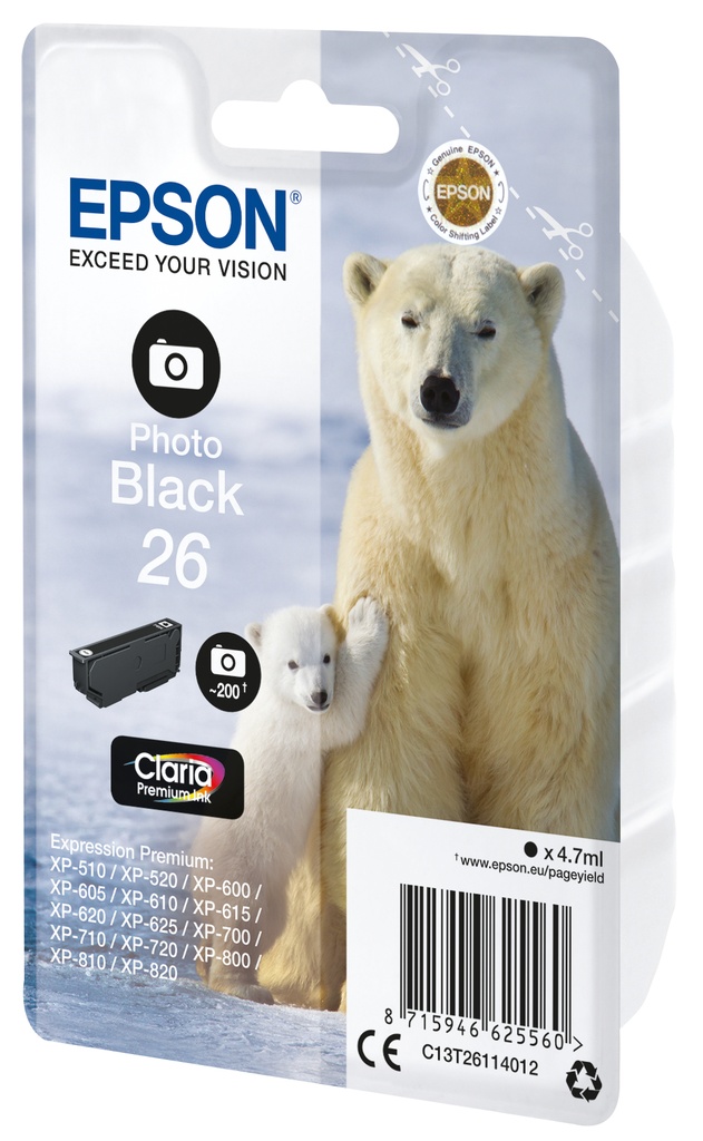 [C13T26114012] Epson Polar bear Singlepack Photo Black 26 Claria Premium Ink