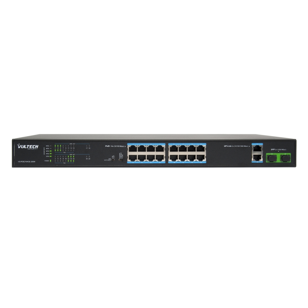 Vultech Security Switch PoE+ (Unmanaged) 16 porte 10/100 FE + 2 porte Uplink 10/100/1000 GE + 2 porte SFP 1000 Mbps