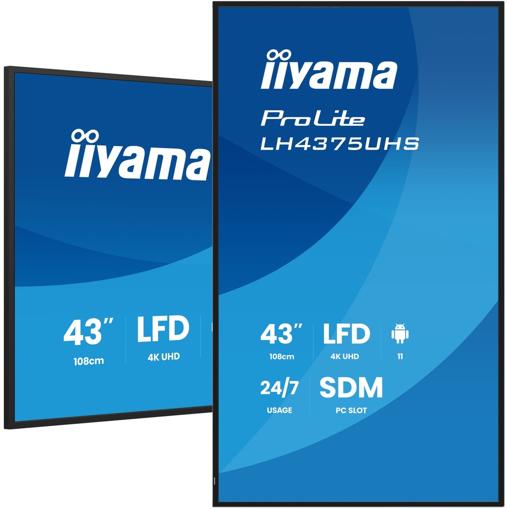 [LH4375UHS-B2AG] iiyama LH4375UHS-B2AG Signage Display Digital signage flat panel 108 cm (42.5") LCD Wi-Fi 500 cd/m² 4K Ultra HD Black Built-in processor Android 11 24/7