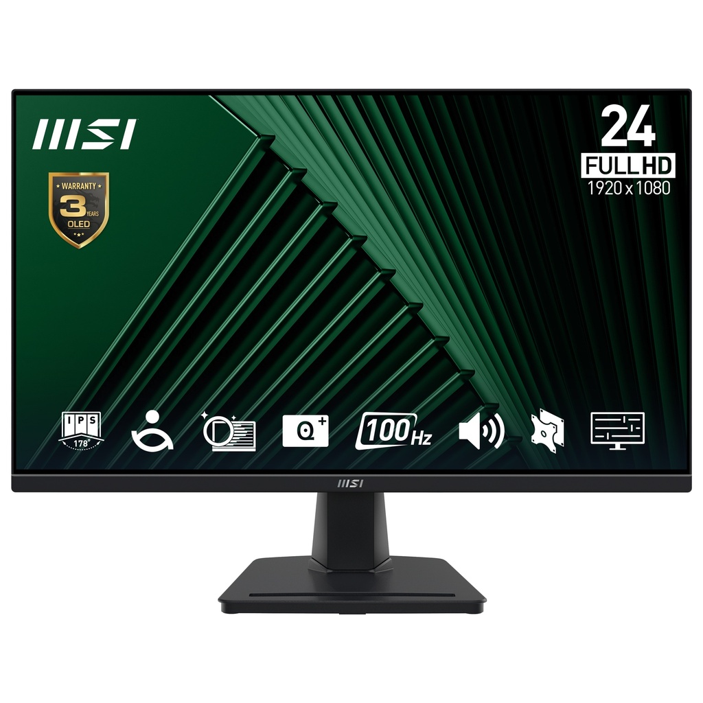 MSI Pro MP245G 24 Inch Monitor, FHD (1920 x 1080), 100Hz, IPS, 1ms, 1x HDMI 1.4b, 1x DP 1.2a output, 1x D-Sub(VGA), Built-in Speakers, Anti-Glare, Anti-Flicker, Less Blue light, TÜV Certified, VESA, Kensington, Black