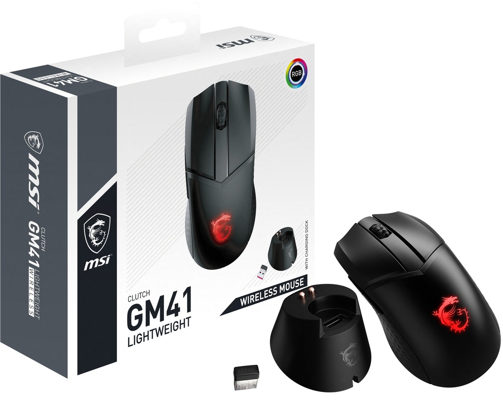 [S12-4300860-C54] MSI CLUTCH GM41 LIGHTWEIGHT WIRELESS Gaming Mouse 'RGB, upto 20000 DPI, low latency, 74g weight, 80 hours battery life, 6 Programmable button, Symmetrical design, OMRON Switches, Dragon Center'