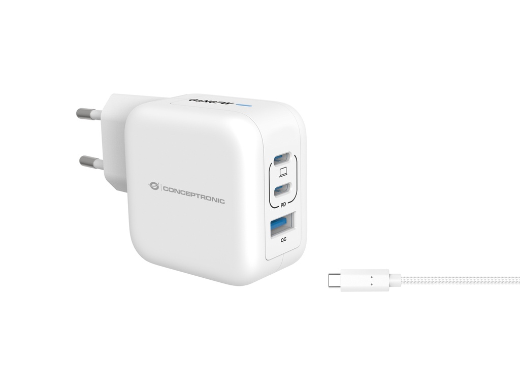 [ALTHEA17W] Conceptronic 3-Port 67W GaN USB PD Charger with USB-C Charging Cable, USB-C x 2, USB-A x 1, QC 3.0, PPS