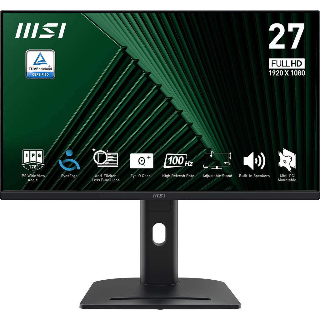 [9S6-3PC39M-053] MSI PRO MP275PG 27 Inch Monitor, FHD (1920 x 1080), 100Hz, IPS, 1ms, 1x HDMI 1.4b, 1x DP 1.2a output, 1x D-Sub(VGA), Built-in Speakers, Anti-Glare, Anti-Flicker, Less Blue light, TÜV Certified, VESA, Kensington, 4-way adjustable stand, Black